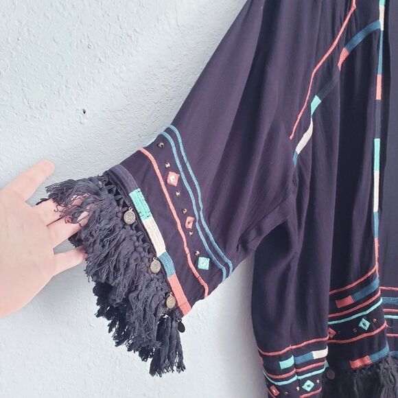 Pull & Bear Black Boho Embroidered Fringe Cardigan - Picture 3 of 6